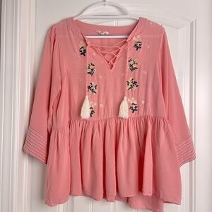 Entro Pink Embroidered Wide Sleeve Blouse